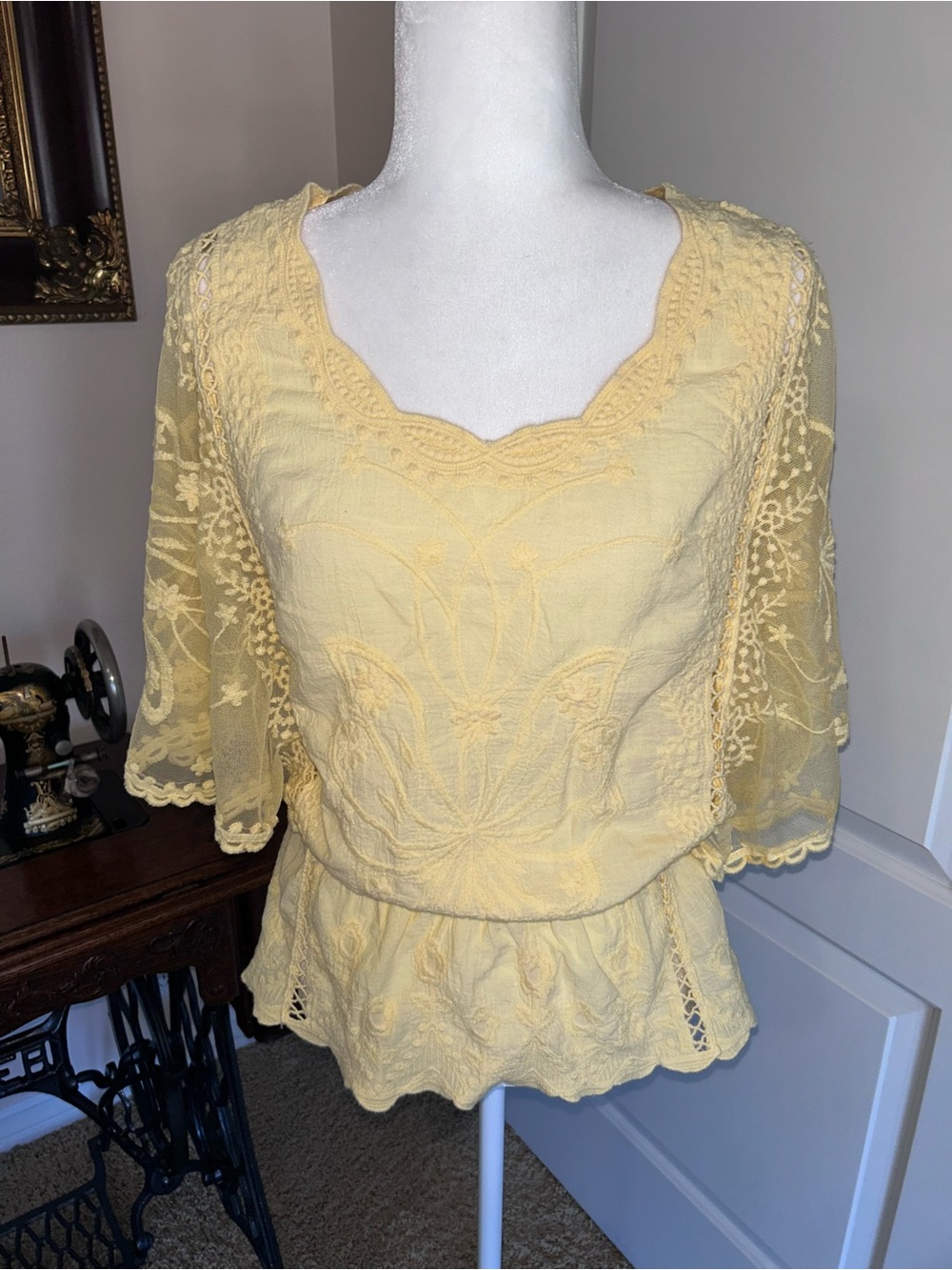 Yellow Embroidered Peplum Women’s Top